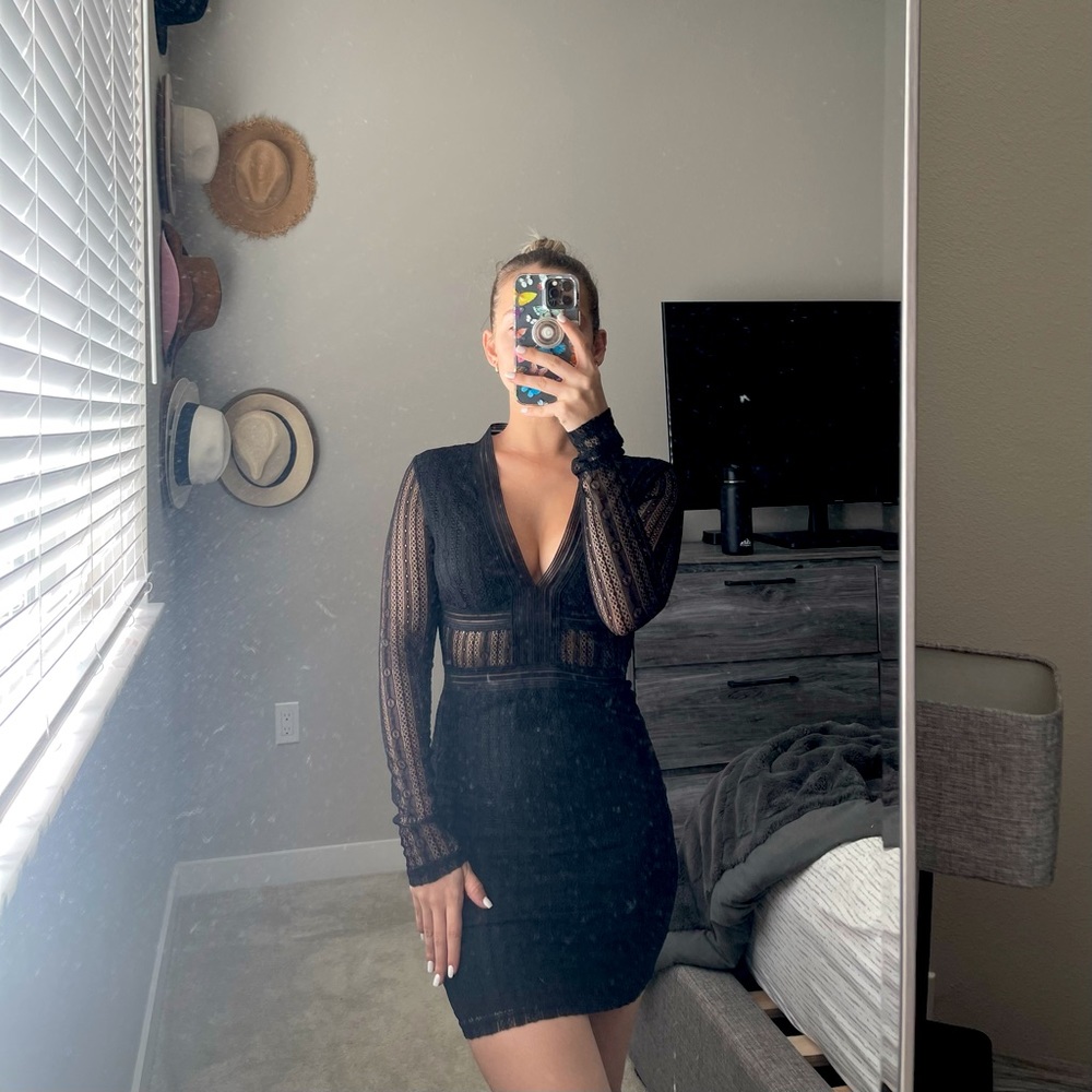 Black lace long sleeve mini dress
